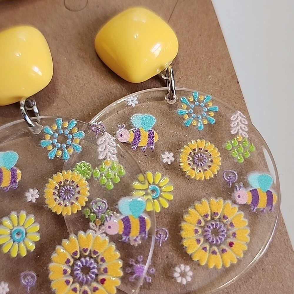 Yellow Floral Bee Acrylic Pendant Earrings - Picture 2 of 7